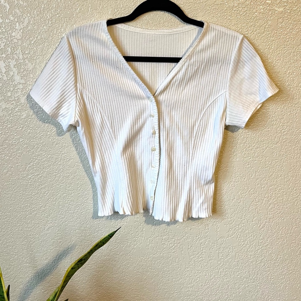 White Ribbed Button-Up Women's Top